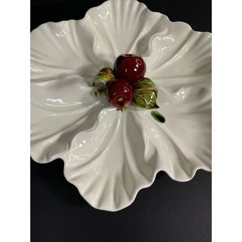 California Pottery Off White Red Apple Green Divided Dish